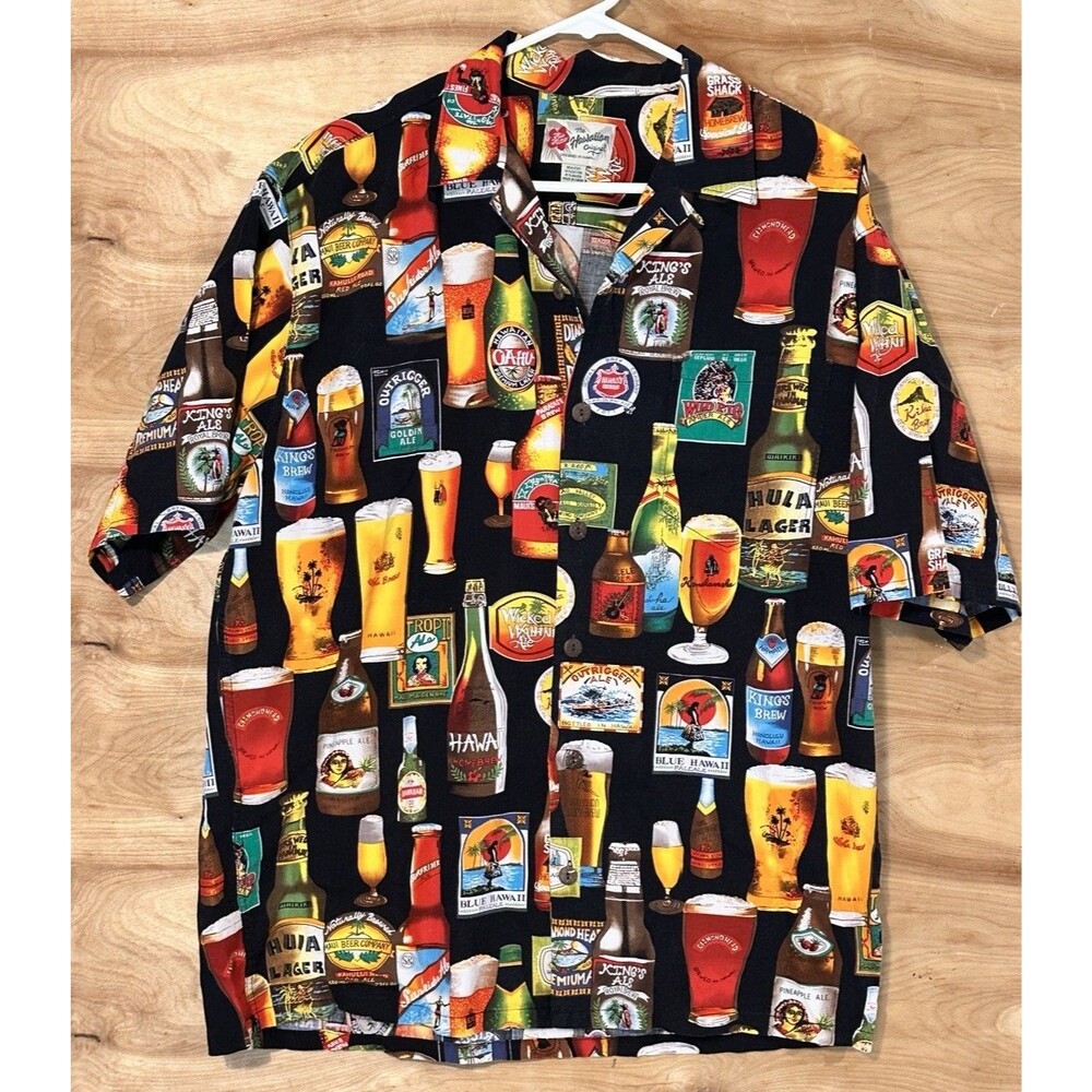 Vtg Hilo Hattie Men Large Hawaiian Aloha Camp Shirt Cruise Beer Vacation Drinks